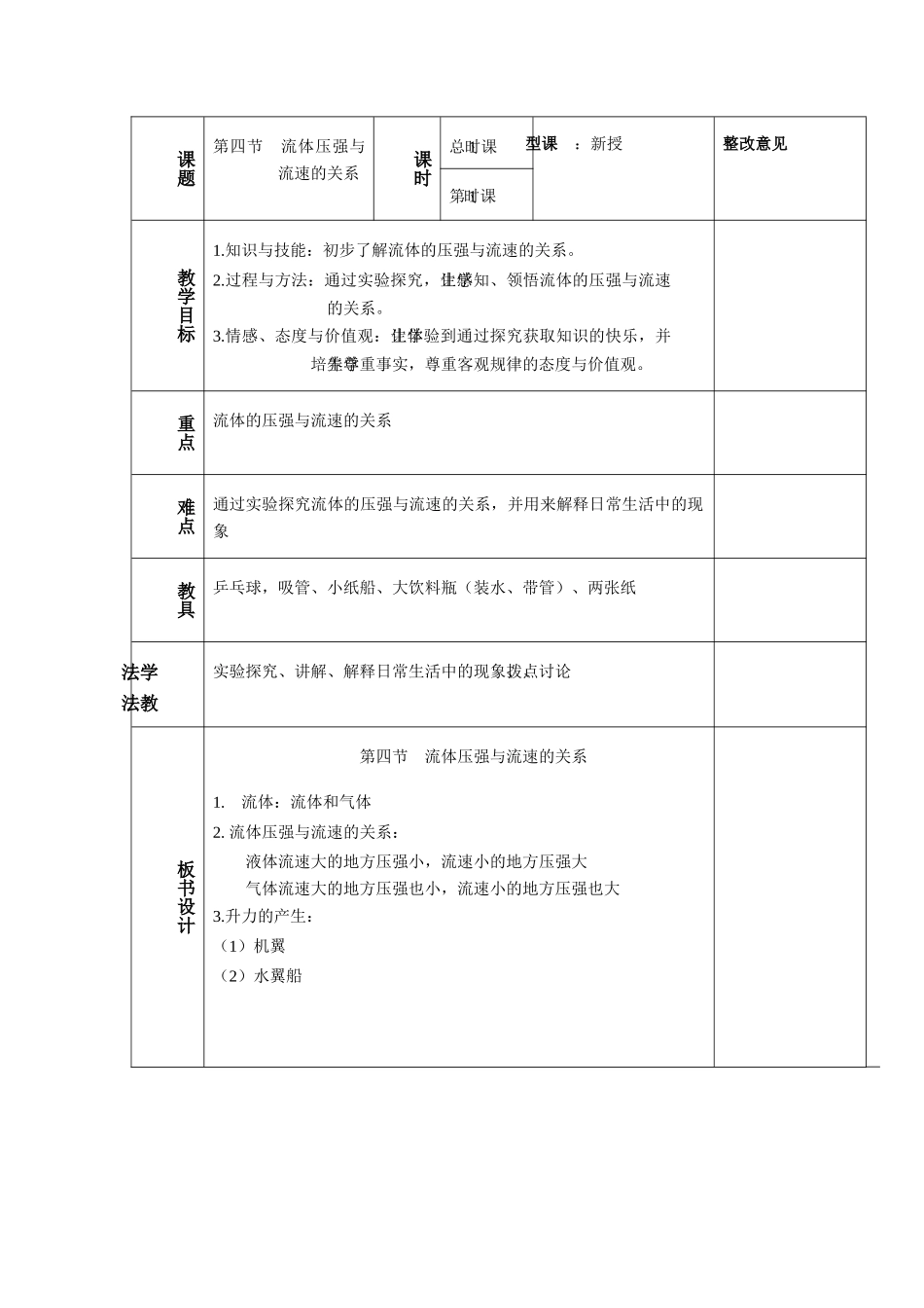 八年级物理：四、流体压强与流速的关系教案 沪科版_第1页