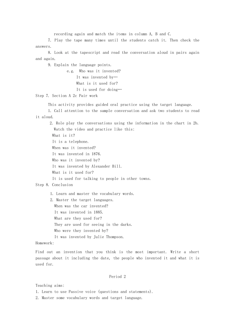 九年级英语上册 Unit 9《When was it invented》教案 人教新目标版_第3页