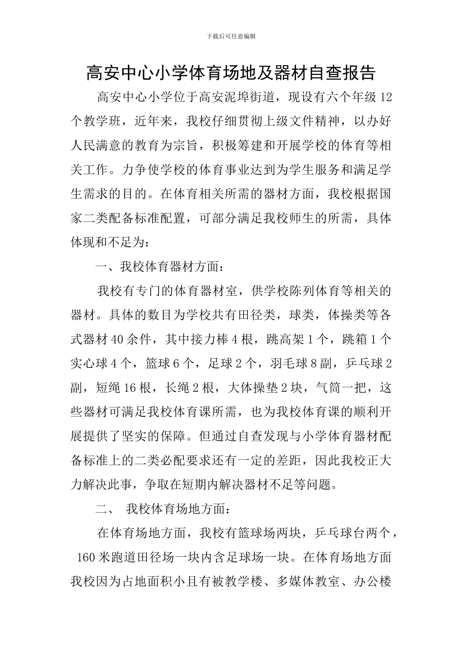 高安中心小学体育场地及器材自查报告_第1页