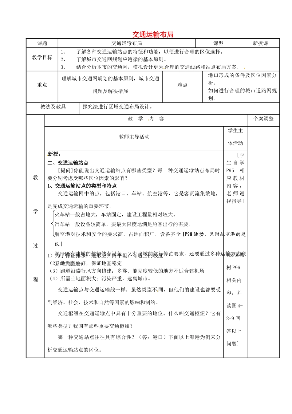 高中地理 4.2交通运输布局教案2 鲁教版必修2-鲁教版高一必修2地理教案_第1页
