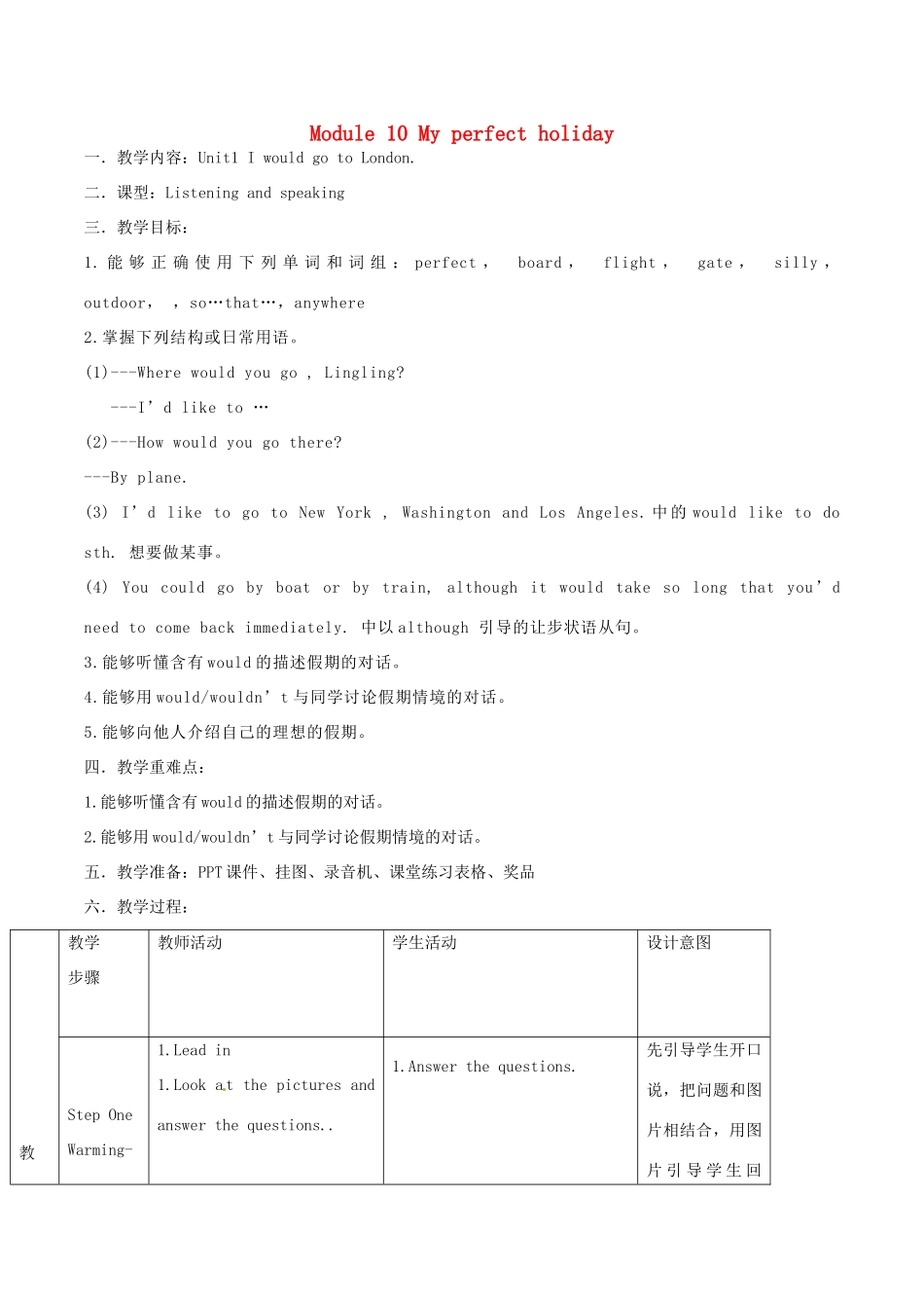 八年级英语下册 Module 10 My perfect holiday Unit 1 I would go to London教案 外研版-外研版初中八年级下册英语教案_第1页