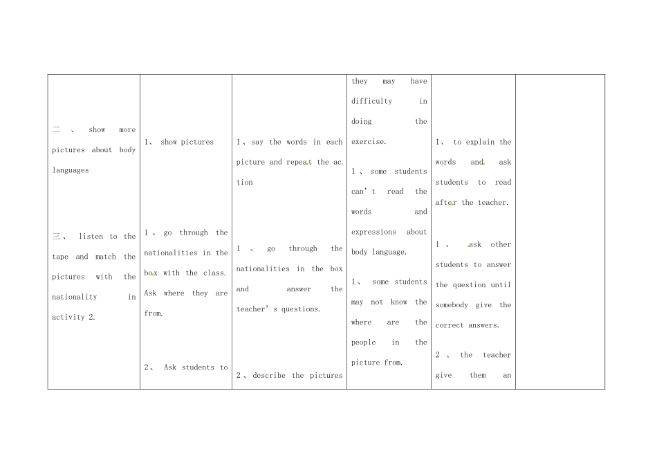 四川省华蓥市明月镇七年级英语下册 Module 11 body language Unit 1 They touch noses教案2 （新版）外研版_第2页