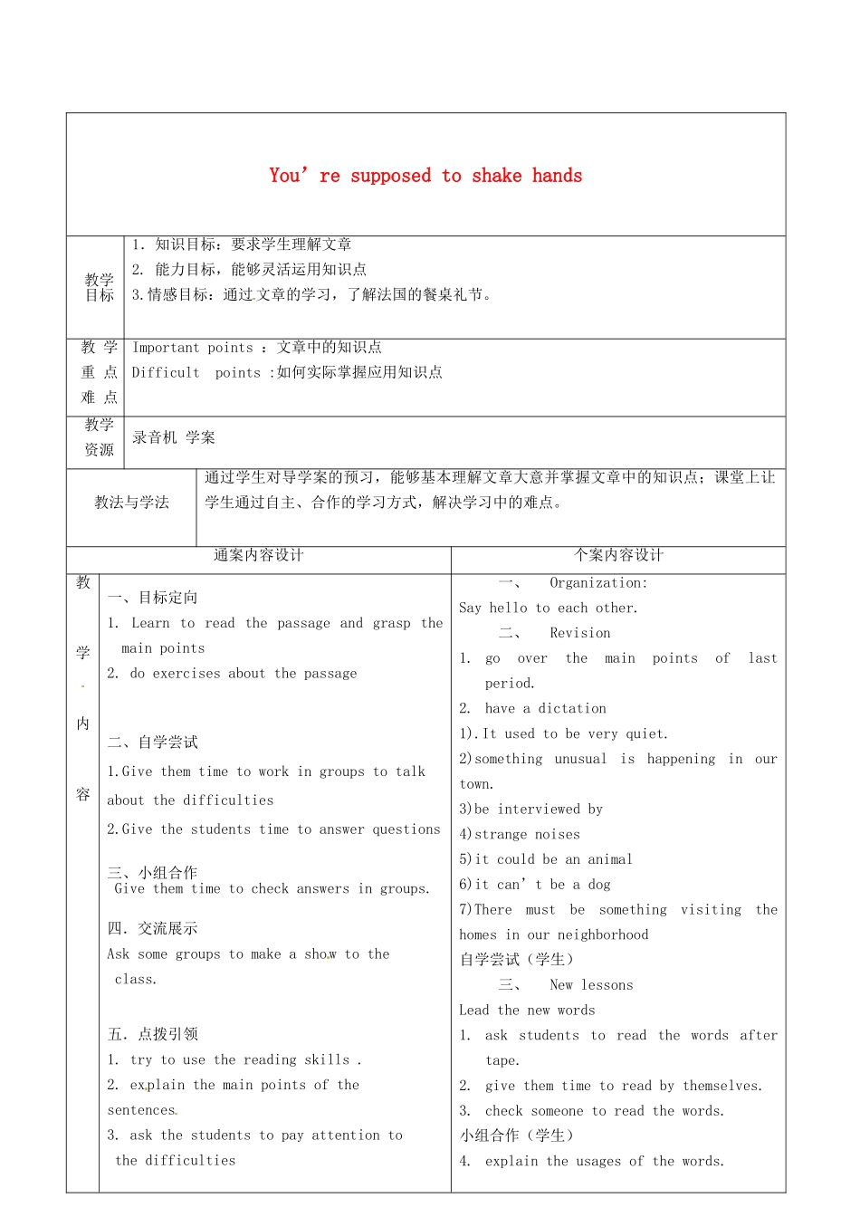 九年级英语全册 Unit 5 You’re supposed to shake hands教案5 （新版）鲁教版五四制-鲁教版五四制初中九年级全册英语教案_第1页