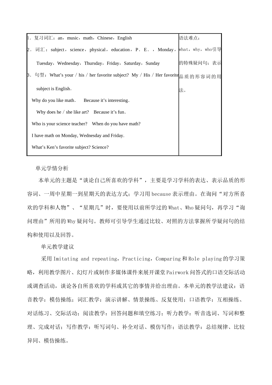 七年级英语Unit 12 My favorite subject is science.教案人教版_第2页