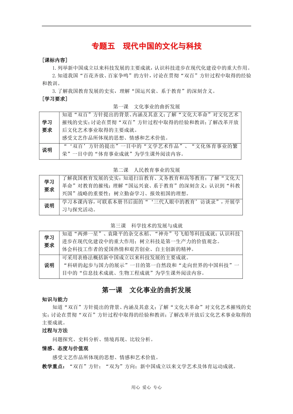 高中历史：专题五《现代中国的文化与科技》教案（1）（人民版必修3）_第1页