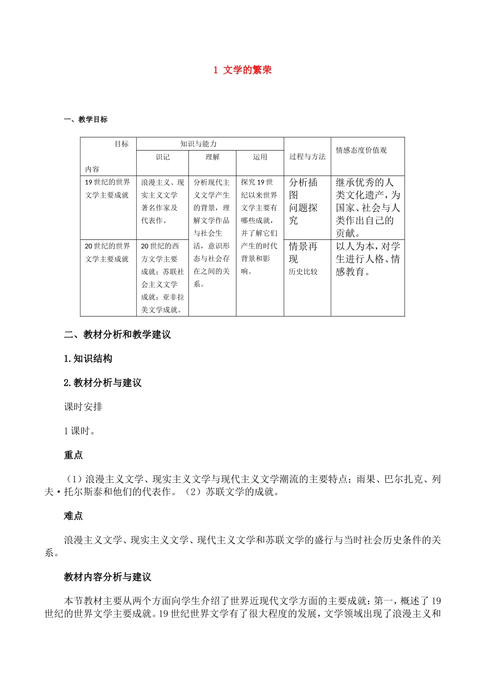 高中历史：8.22《文学的繁荣》教案（2）新人教版必修3_第1页