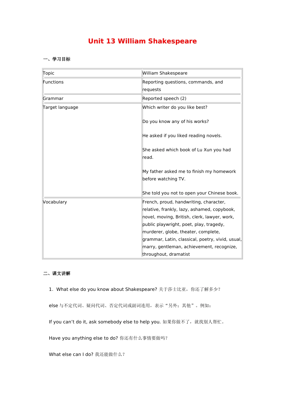 九年级英语Unit 13 William Shakespeare北京版_第1页