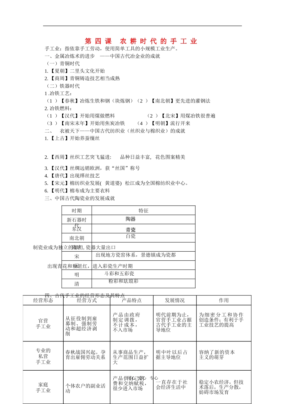 高中历史：1.4《农耕时代的手工业》笔记（岳麓版必修2）_第1页