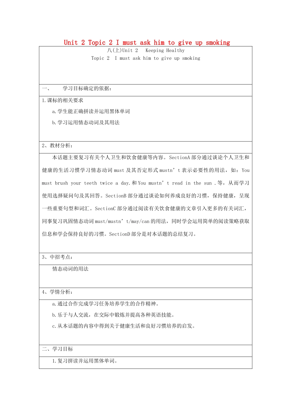 八年级英语上册 Unit 2 Keeping Healthy Topic 2 I must ask him to give up smoking复习课教案 （新版）仁爱版-（新版）仁爱版初中八年级上册英语教案_第1页