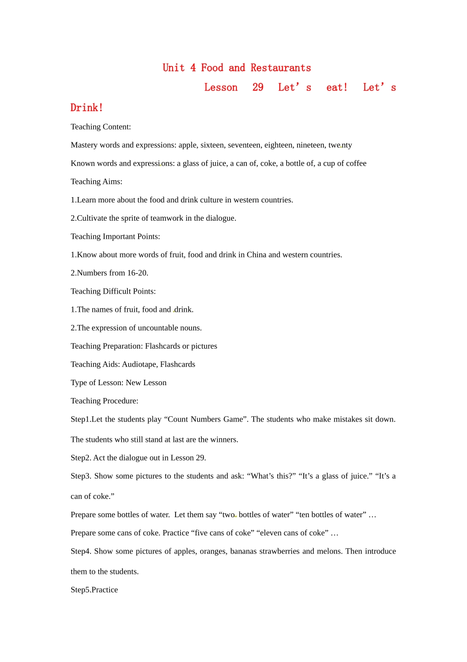 七年级英语上册 Unit 4 Lesson 29 Let’s eat! Let’s Drink!-Lesson 30 Pizza and Hamburgers教案 冀教版_第1页
