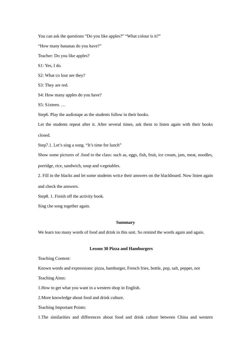 七年级英语上册 Unit 4 Lesson 29 Let’s eat! Let’s Drink!-Lesson 30 Pizza and Hamburgers教案 冀教版_第2页