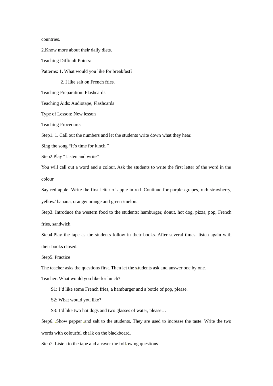 七年级英语上册 Unit 4 Lesson 29 Let’s eat! Let’s Drink!-Lesson 30 Pizza and Hamburgers教案 冀教版_第3页