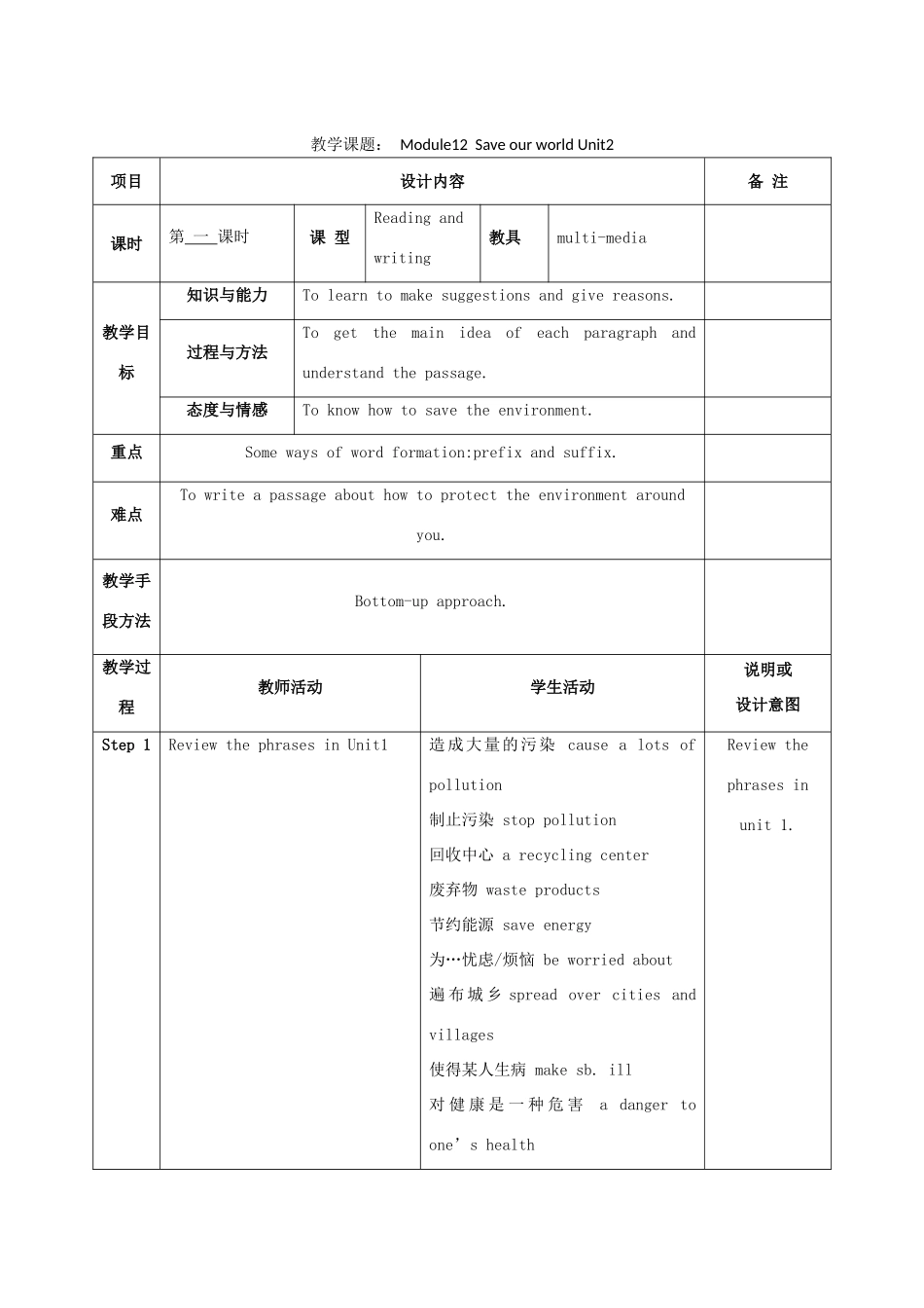 学年九年级英语上册 Module 12 Save our world Unit 2 Repeat these three words daily reduce，reuse and recycle教案 （新版）外研版-（新版）外研版初中九年级上册英语教案_第1页