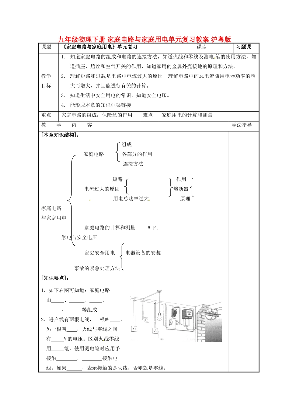 九年级物理下册 家庭电路与家庭用电单元复习教案 沪粤版_第1页