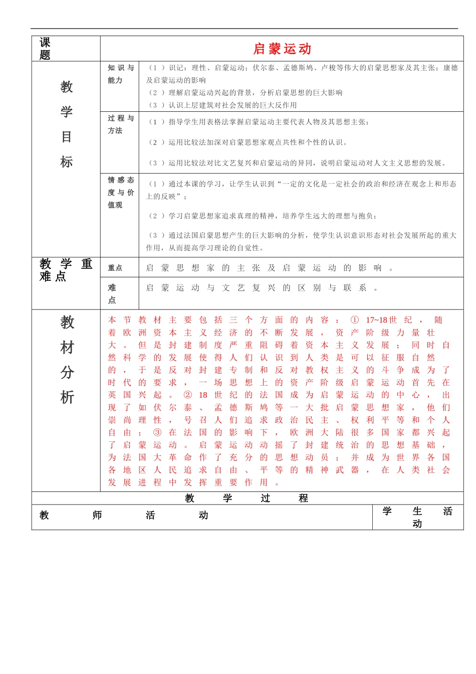 高中历史第7课 启蒙运动教案新人教版必修3_第1页