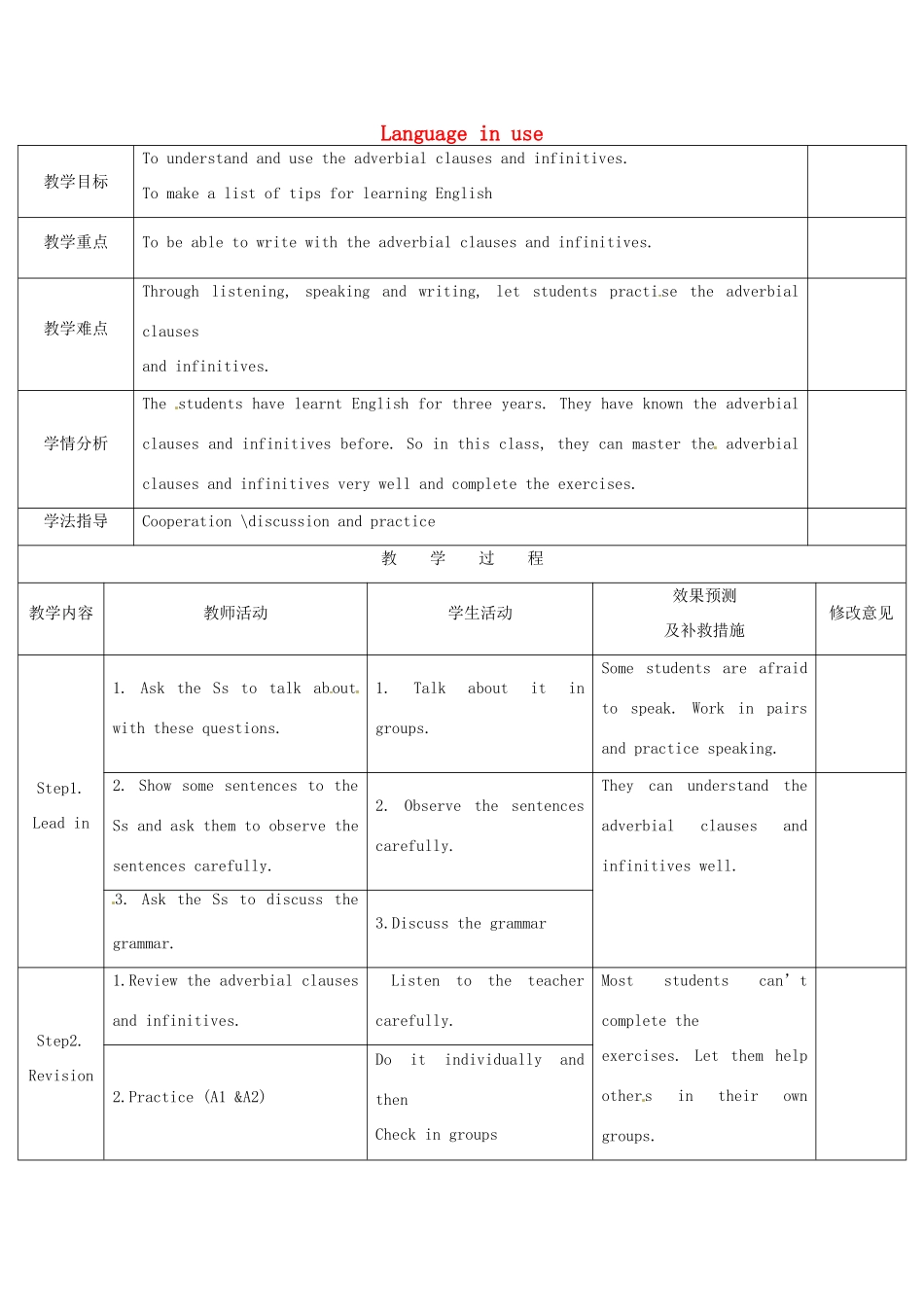 四川省华蓥市九年级英语下册《Module 7 Unit 3 Language in use》教案 （新版）外研版-（新版）外研版初中九年级下册英语教案_第1页
