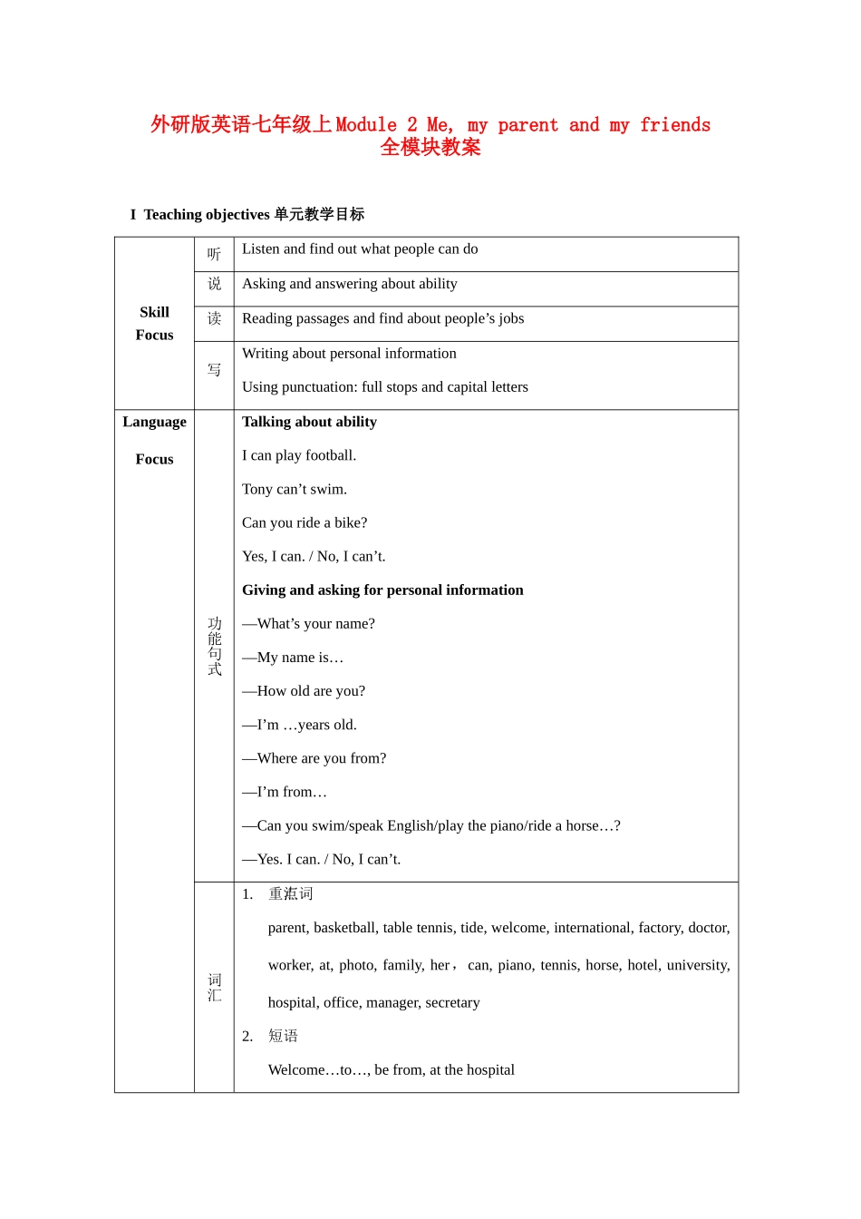 七年级英语上：Module 2 Me，my parents and my friends全模块教案外研版_第1页