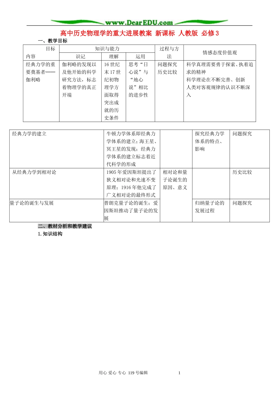 高中历史物理学的重大进展教案 新课标 人教版 必修3_第1页