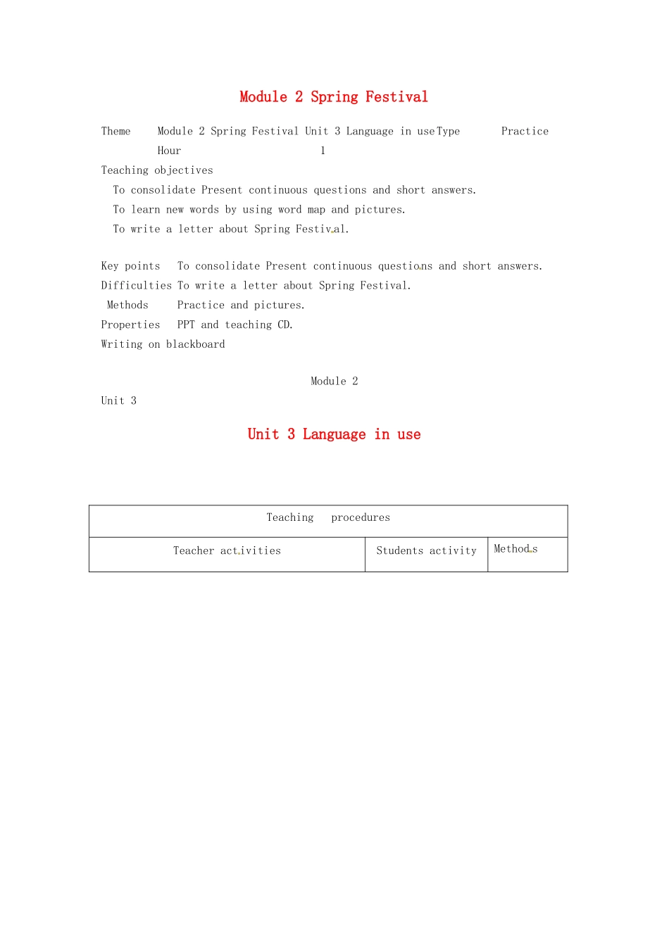 七年级英语下册 Module 2 Spring Festival Unit 3 Language in use教案 外研版_第1页