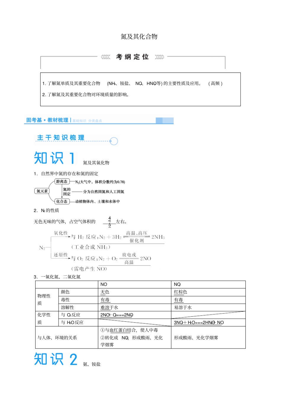 2016届高考化学一轮复习14氮及其化合物讲义剖析_第1页