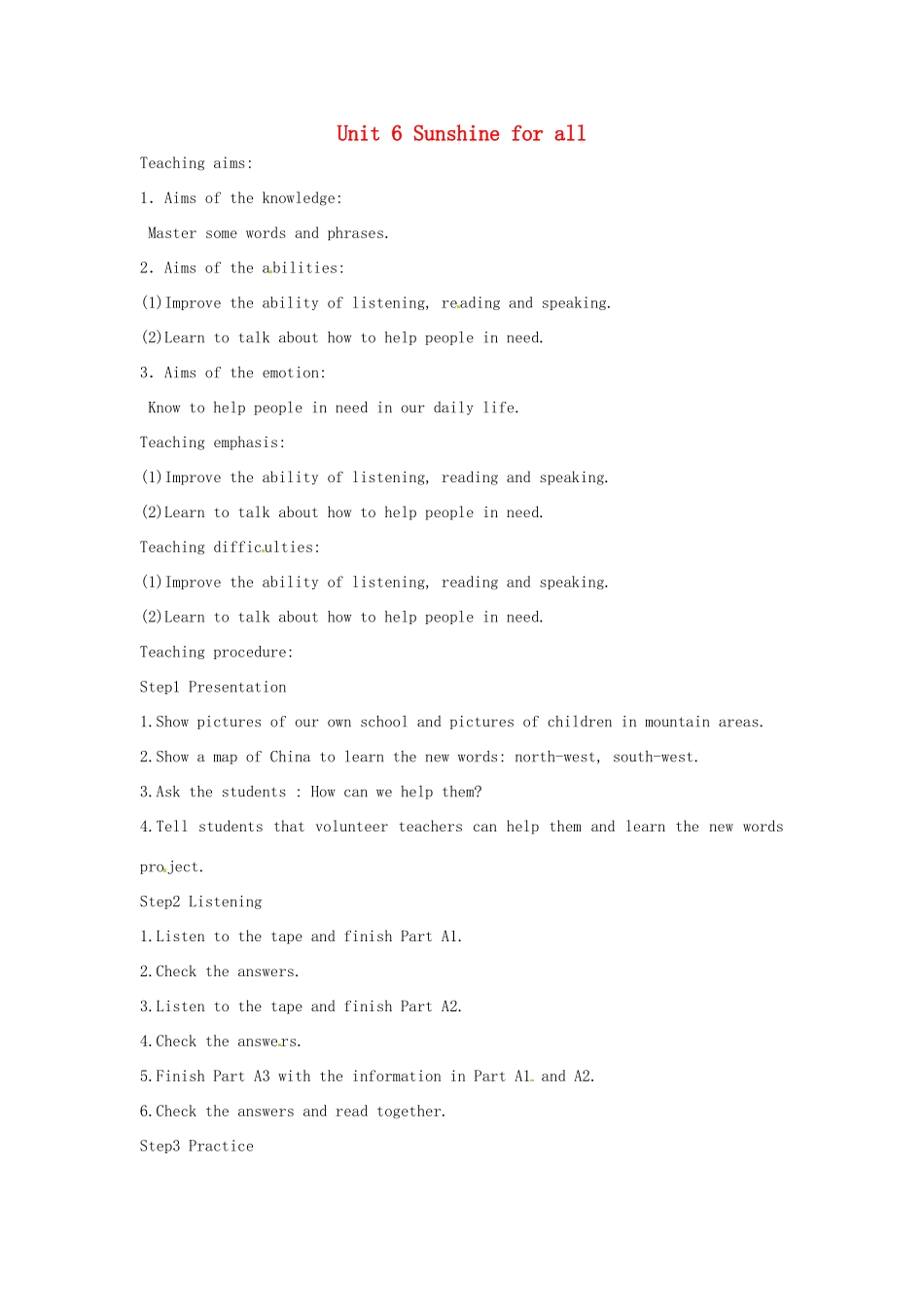 八年级英语下册《Unit 6 Sunshine for all Integrated skills》教案 （新版）牛津版-（新版）牛津版初中八年级下册英语教案_第1页