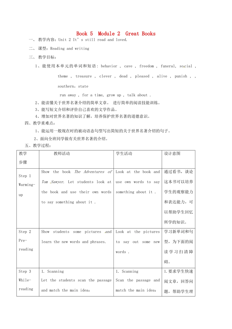 九年级英语上册 Module 2 Unit 2 It’s still read and loved教案 外研版-外研版初中九年级上册英语教案_第1页