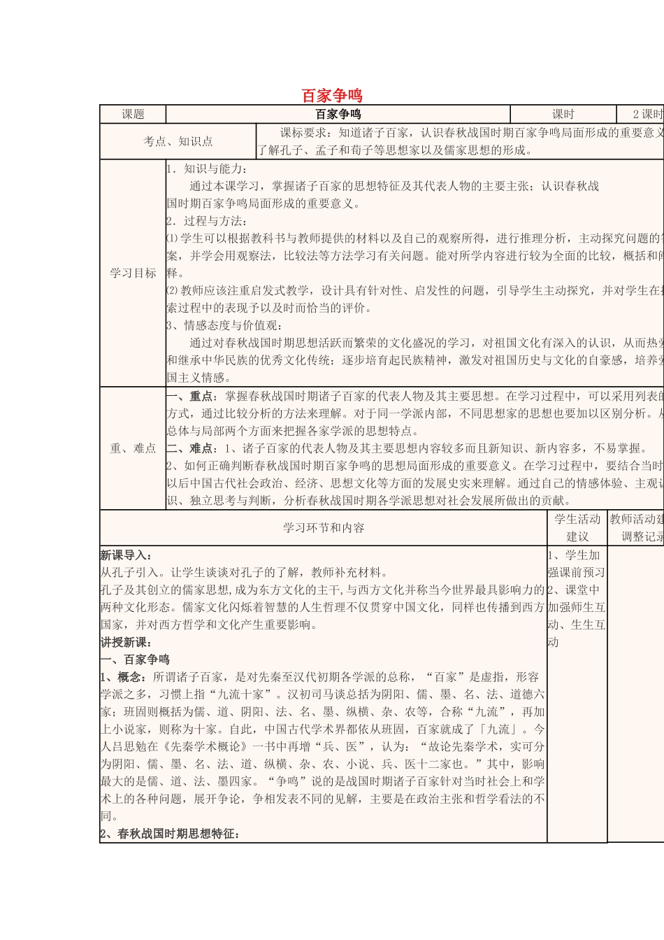 高中历史学期第三周 百家争鸣教学设计-人教版高中全册历史教案_第1页
