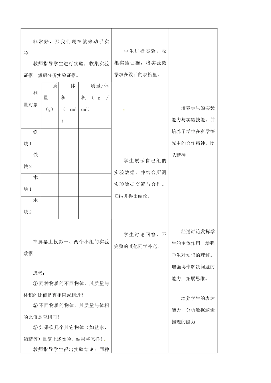 八年级物理上册 5.2《探究物质的密度》教学设计 （新版）粤教沪版-（新版）粤教沪版初中八年级上册物理教案_第3页
