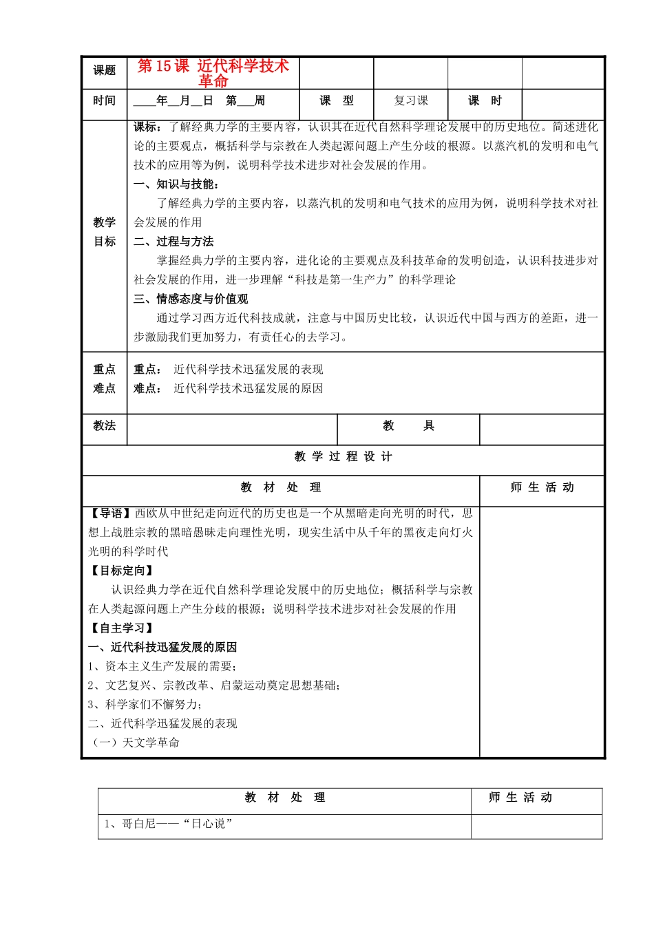 高中历史复习 第三单元 从人文精神之源到科学理性时代 第15课 近代科学技术革命教案 岳麓版必修3-岳麓版高三必修3历史教案_第1页