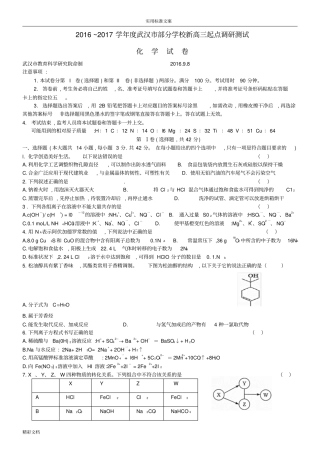 2016年9月武汉新高三起点化学卷