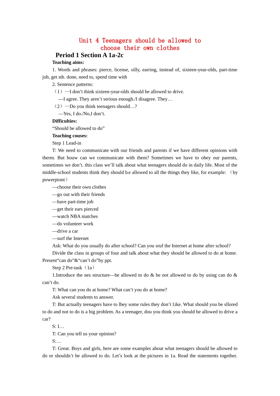 八年级英语下册：Unit 4 Teenagers should be allowed to choose their own clothes教案6鲁教版_第1页