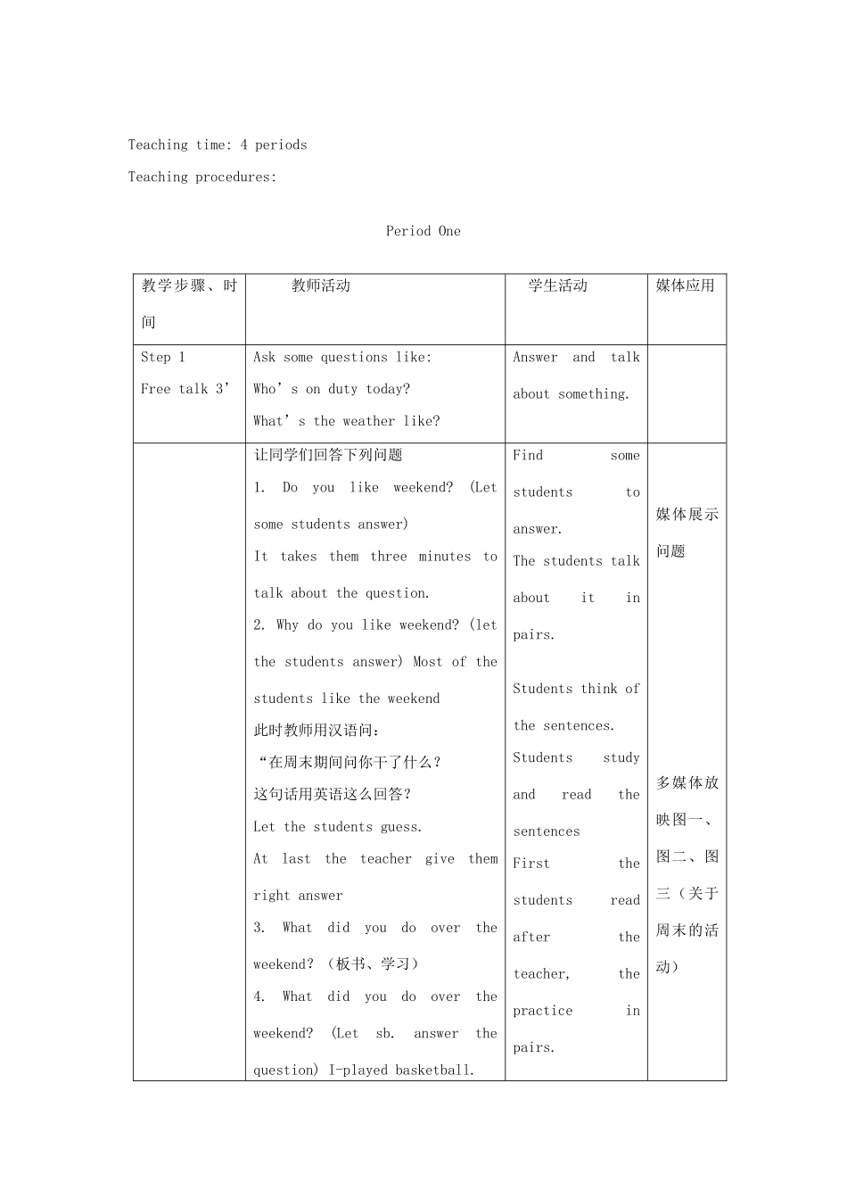 七年级英语上册 Unit 7《How was your weekend》教案2 鲁教版_第2页