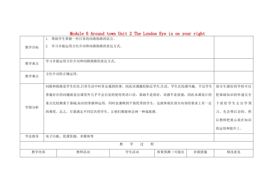 四川省华蓥市明月镇七年级英语下册 Module 6 Around town Unit 2 The London Eye is on your right教案1 （新版）外研版_第1页