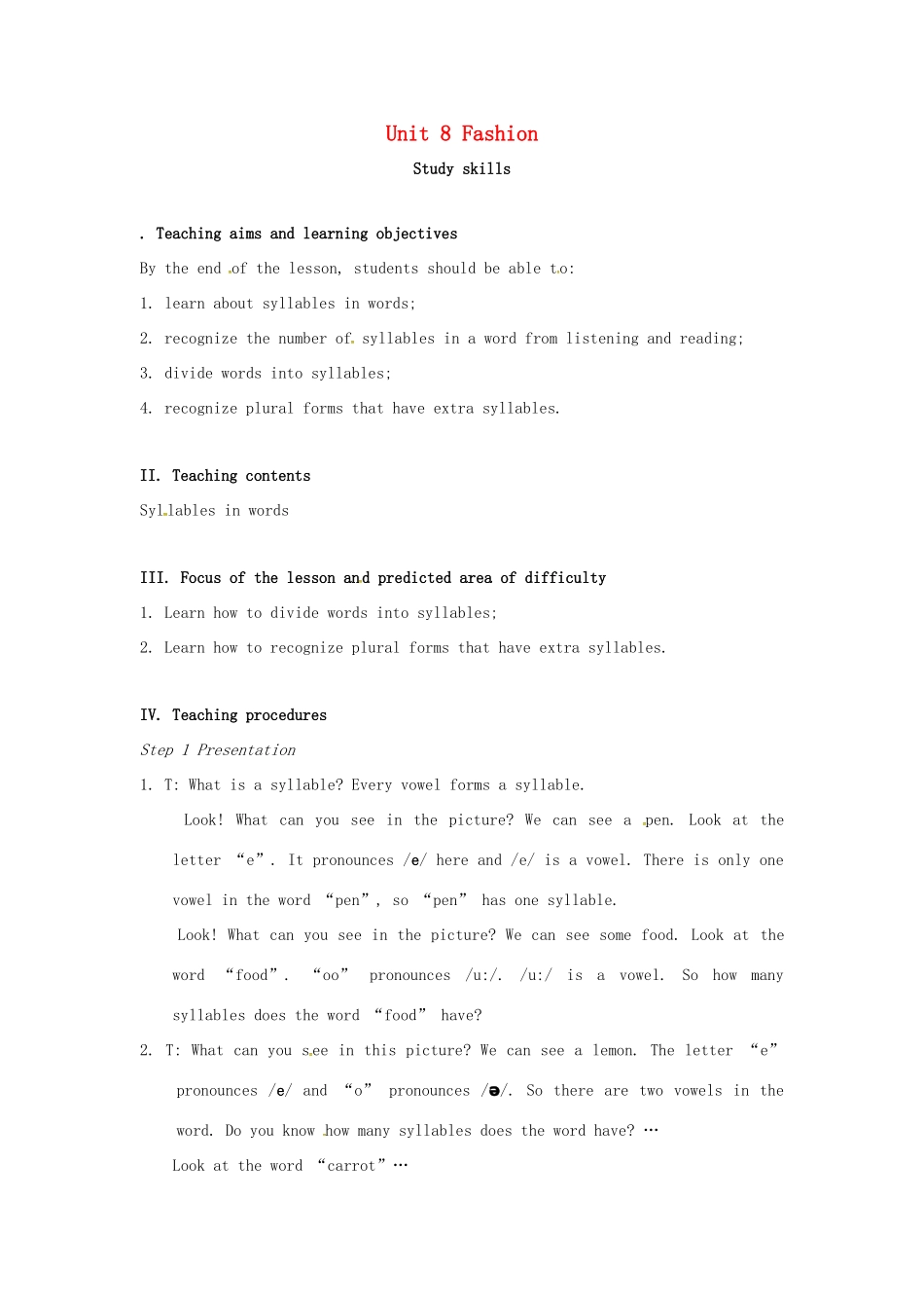 七年级英语上册 Unit 8 Fashion Study skills教案 （新版）牛津版-（新版）牛津版初中七年级上册英语教案_第1页