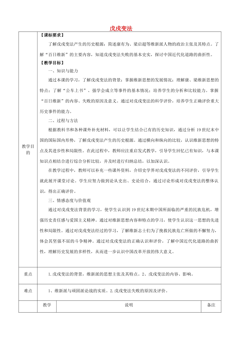 高中历史下学期第4周教学设计（戊戌变法）-人教版高中全册历史教案_第1页