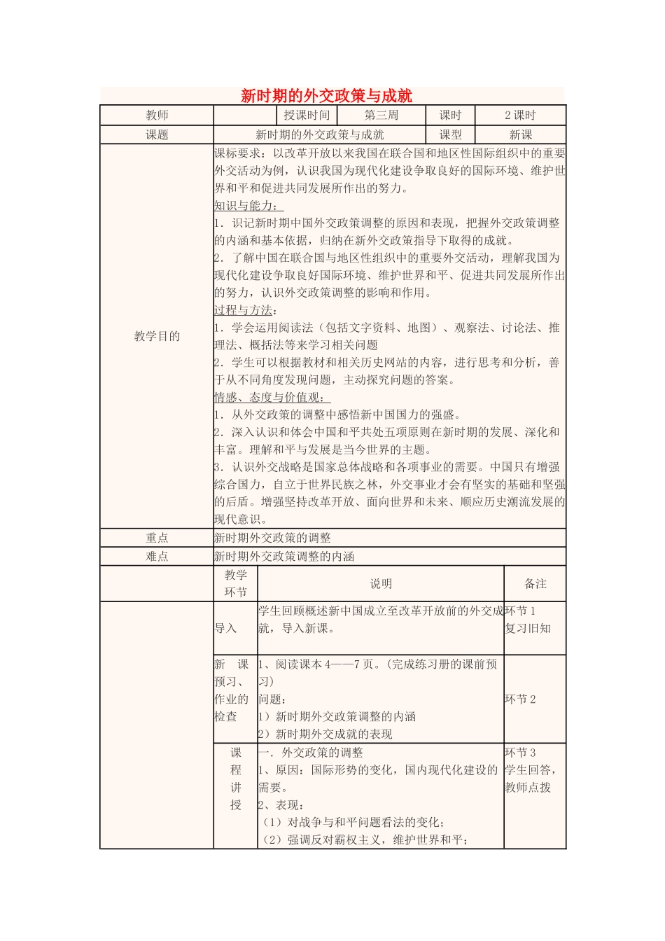 高中历史下学期第3周 新时期的外交政策与成就教学设计-人教版高中全册历史教案_第1页