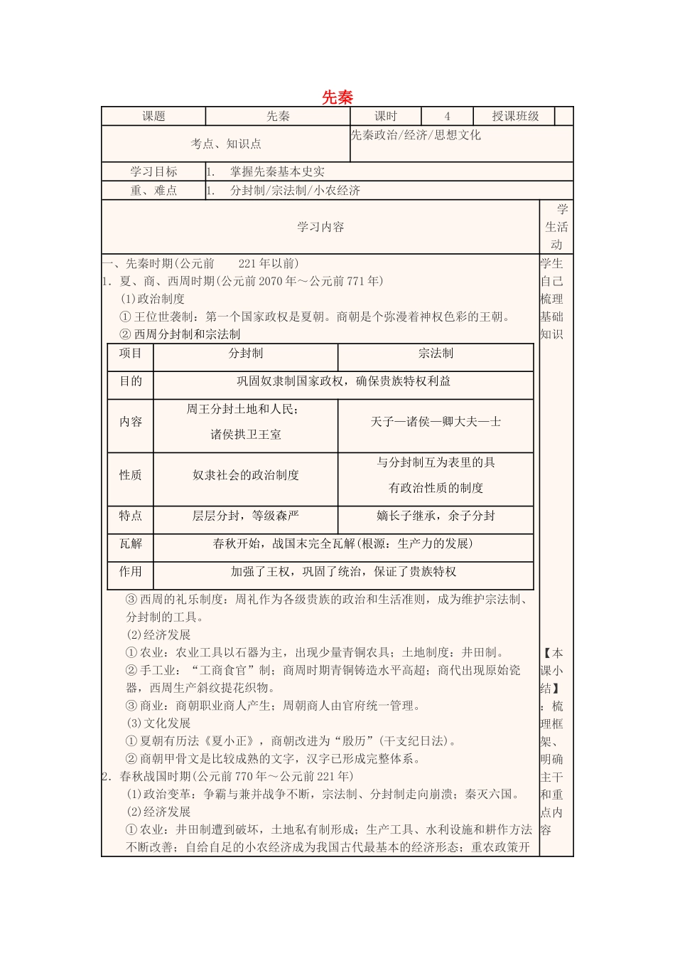 高中历史下学期第3周 先秦教学设计-人教版高中全册历史教案_第1页