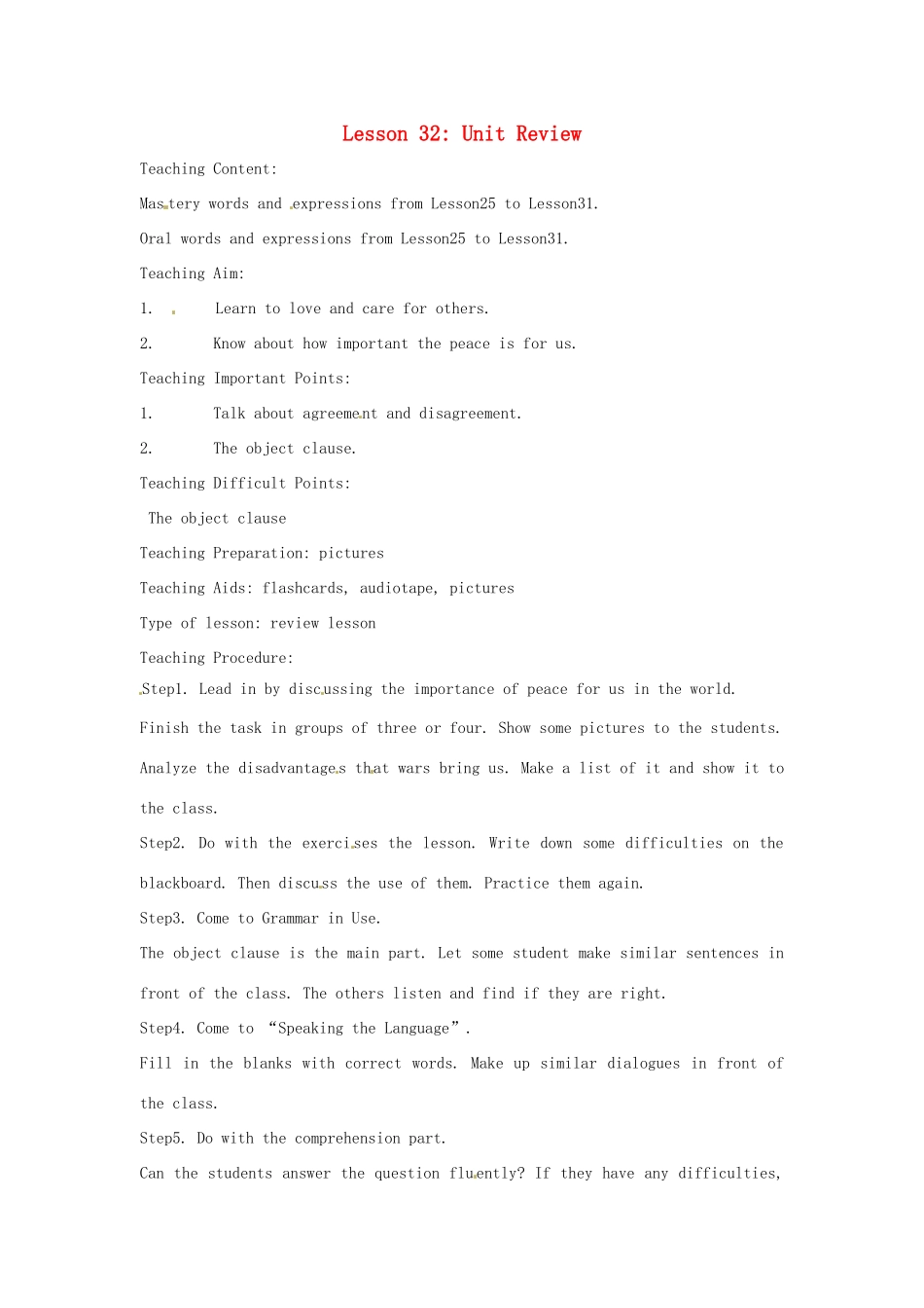 九年级英语下册 Unit 4 Work for Peace Lesson 32教案 冀教版_第1页