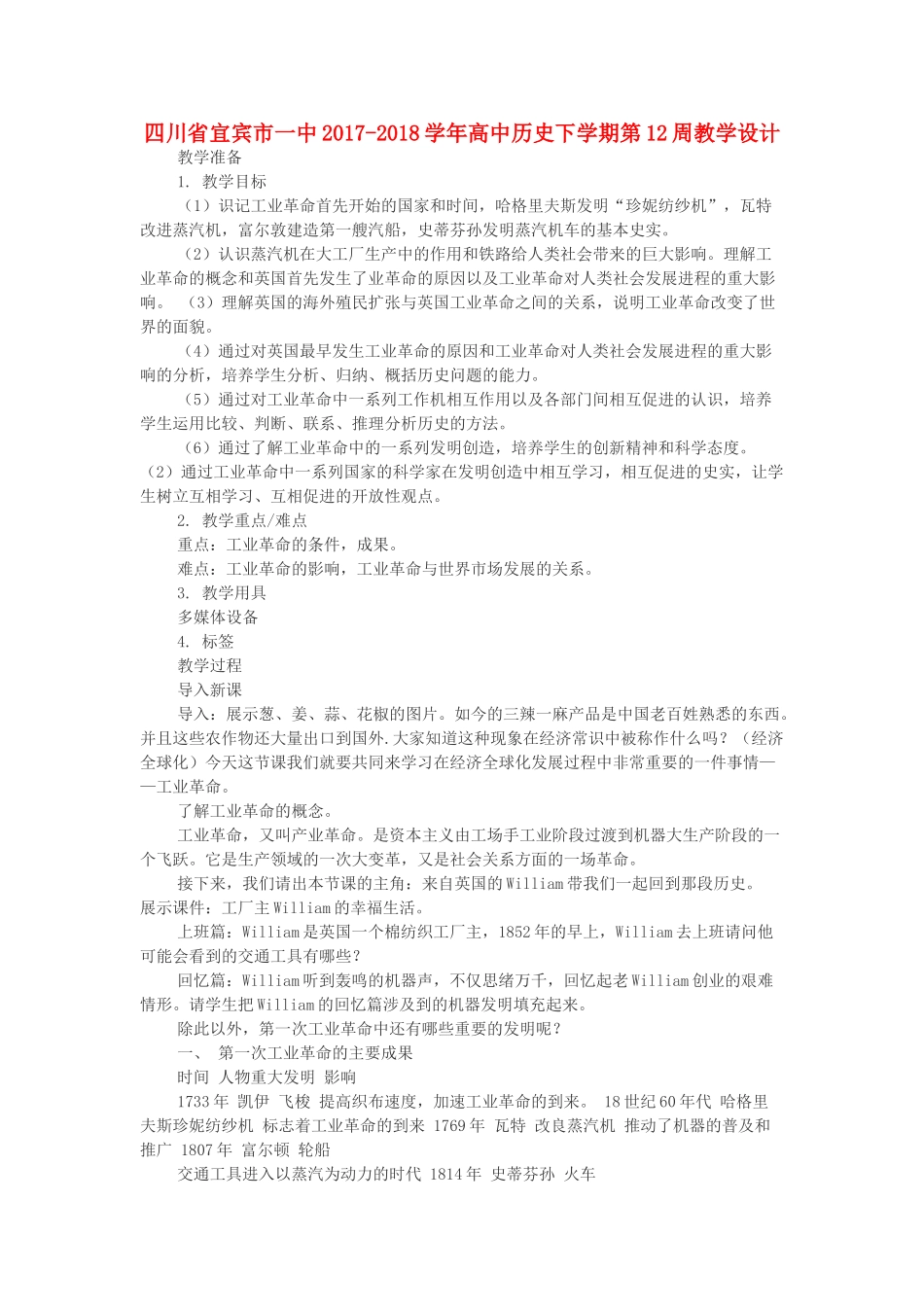 高中历史下学期第12周教学设计-人教版高中全册历史教案_第1页