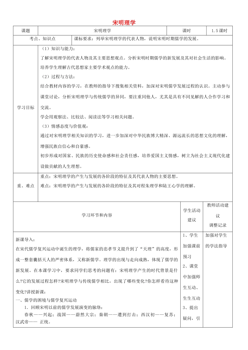 高中历史上学期第5周 宋明理学教学设计-人教版高中全册历史教案_第1页