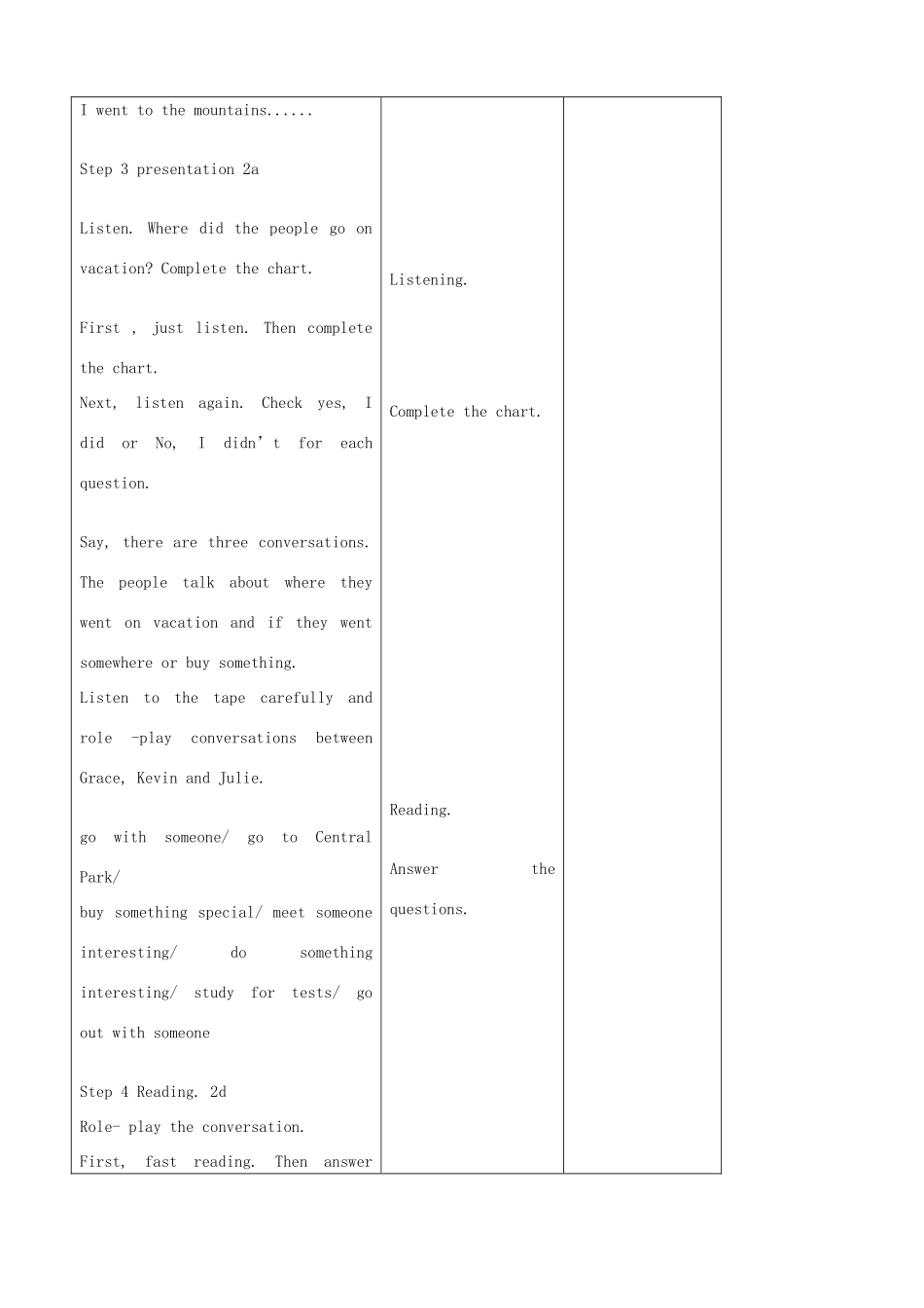 吉林省四平市第十七中学八年级英语上册 Unit 1 Where did you go on vacation？（第2课时）教案 （新版）人教新目标版_第2页