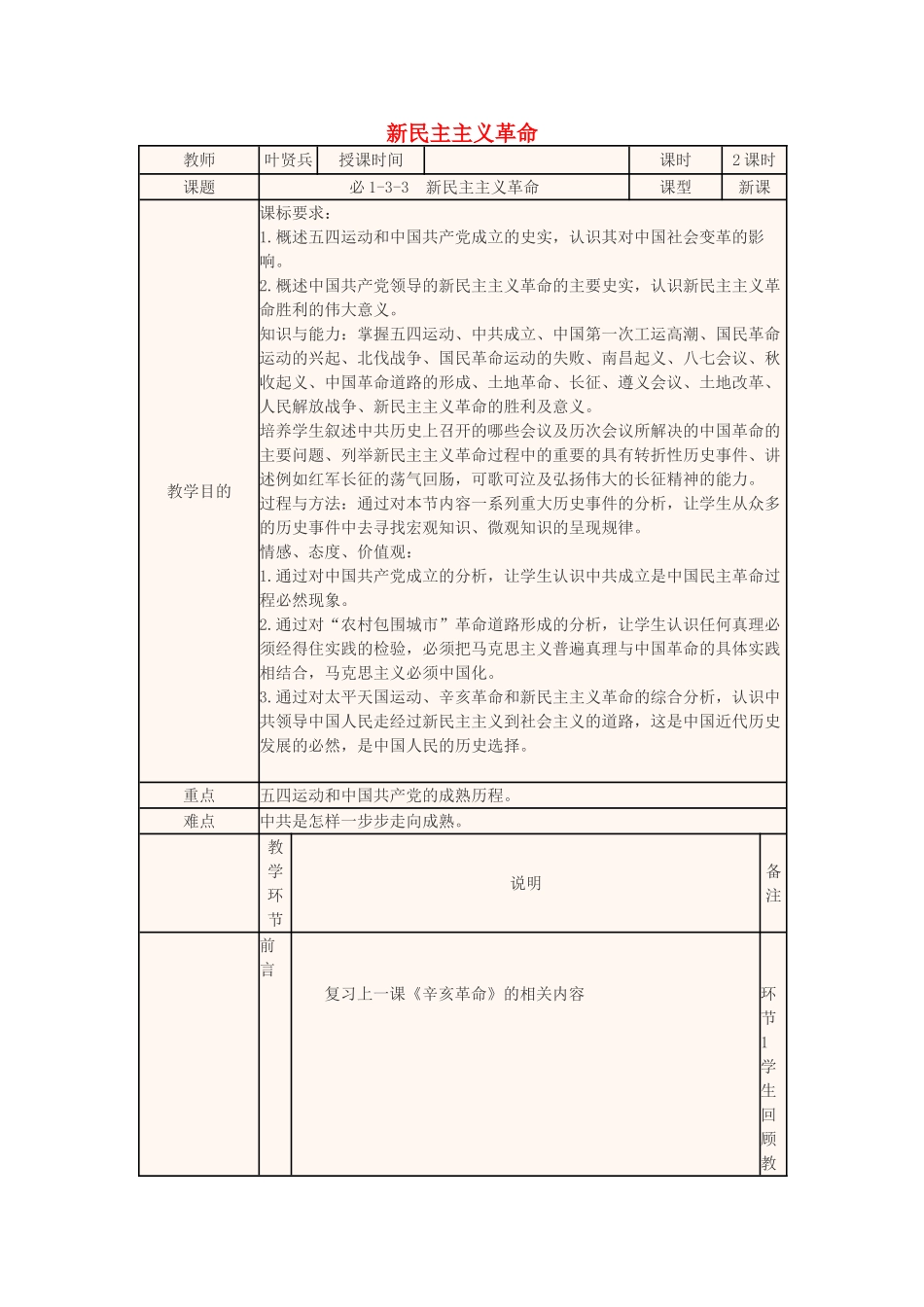 高中历史上学期第10周 3.3 新民主主义革命教学设计 新人教版必修1-新人教版高中必修1历史教案_第1页