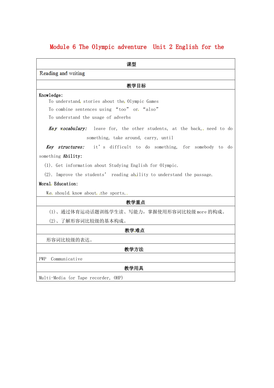 天津市佳春中学七年级英语下册 Module 6 The Olympic adventure《Unit 2 English for the Olympic Games.》教案 外研版_第1页