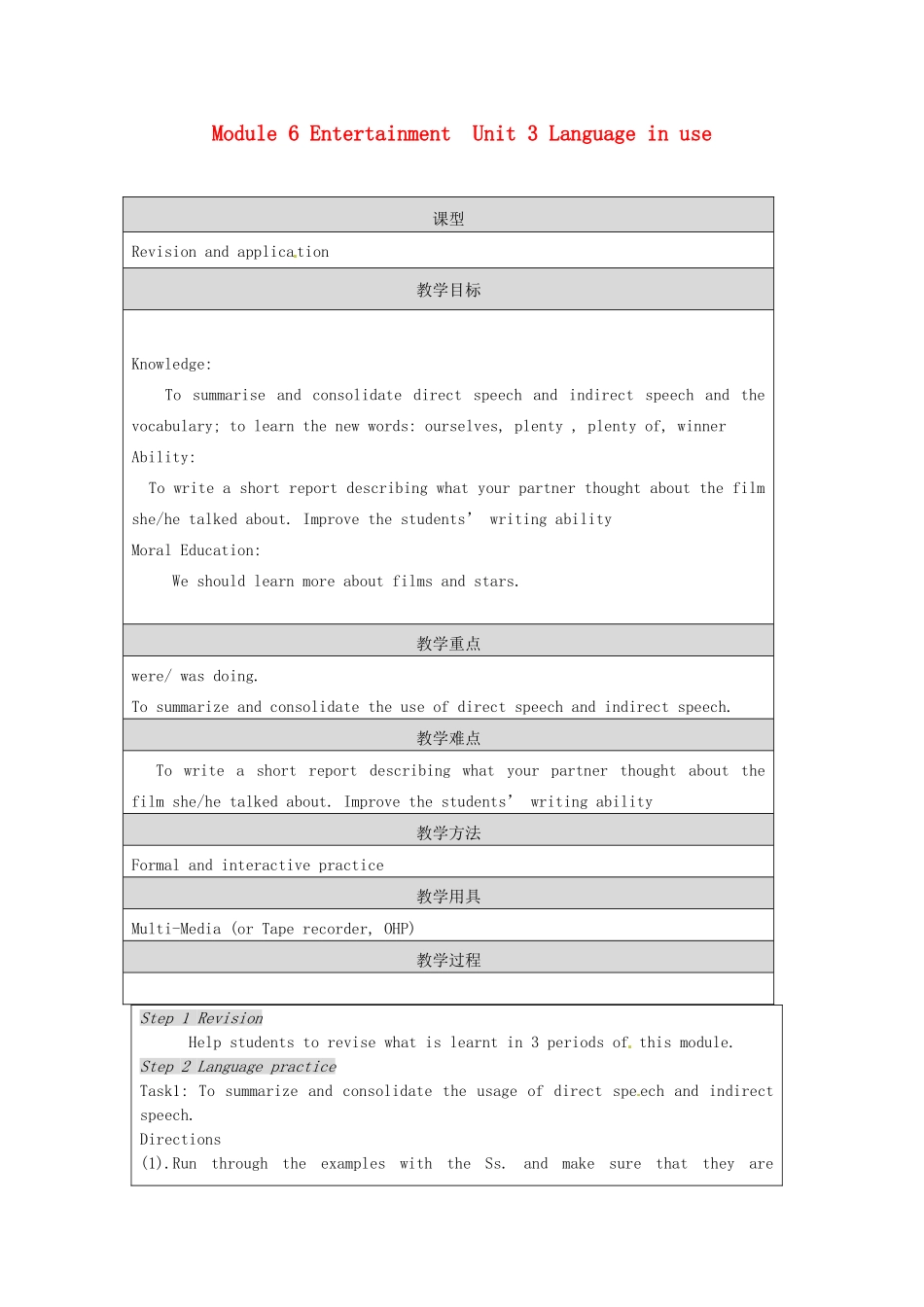 八年级英语下册 Module 6 Entertainment Unit 3 Language in use教学设计 外研版_第1页