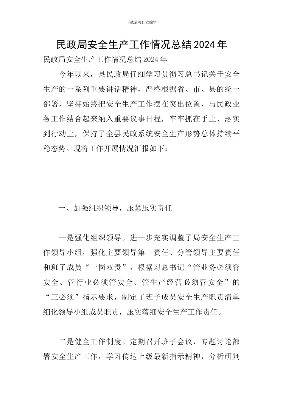 民政局安全生产工作情况总结2024年_第1页