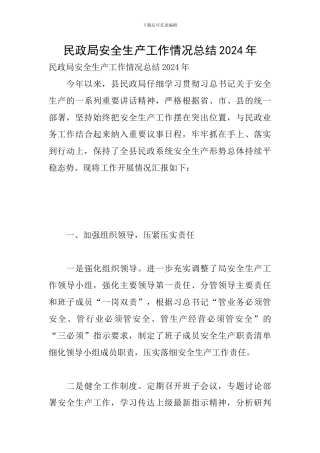 民政局安全生产工作情况总结2024年