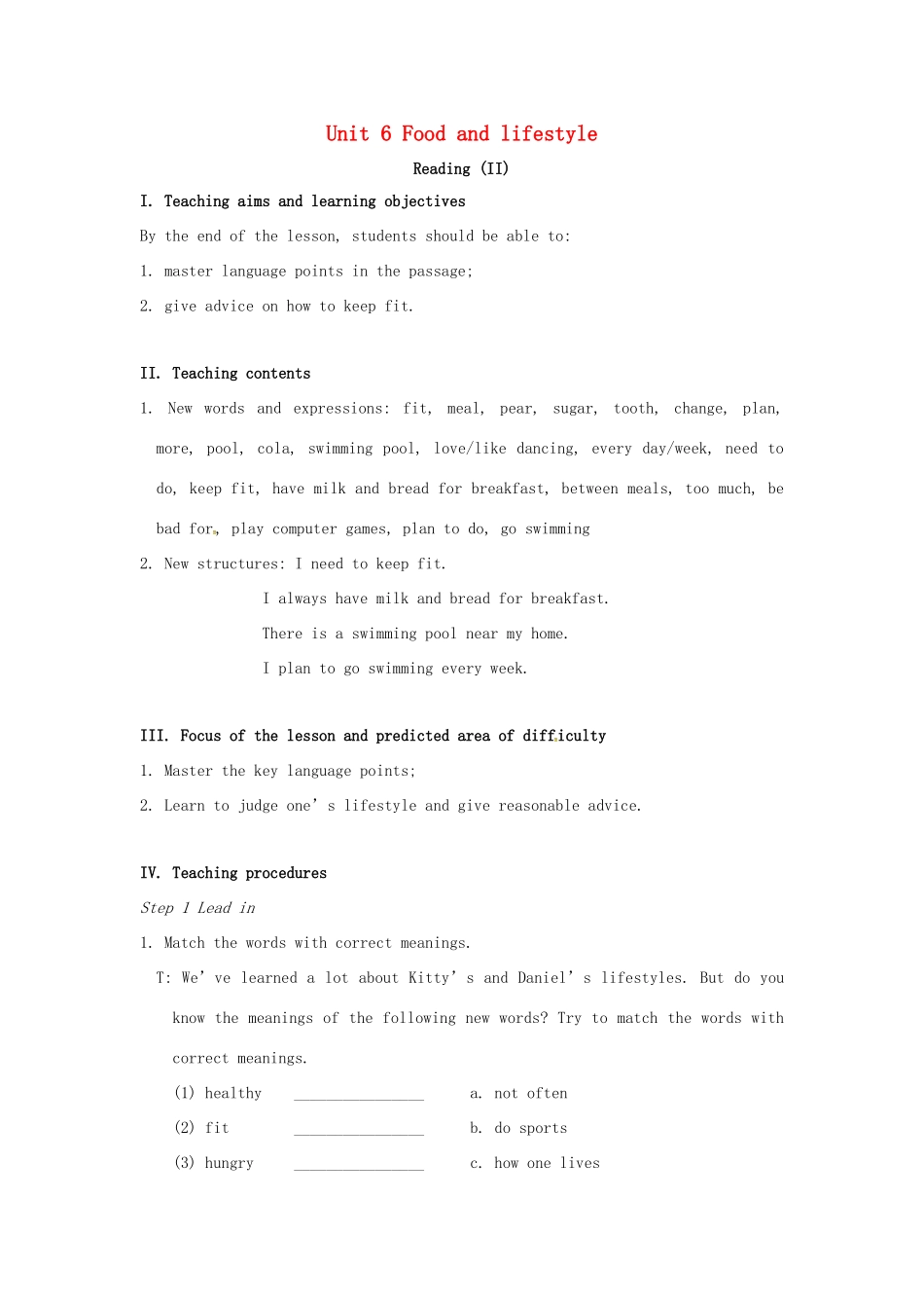 七年级英语上册 Unit 6 Food and lifestyle Reading II教案 （新版）牛津版-（新版）牛津版初中七年级上册英语教案_第1页