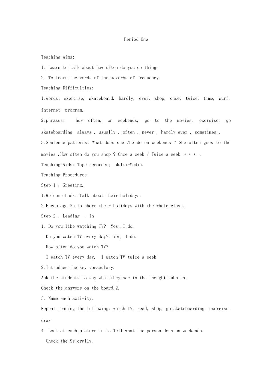 八年级英语上册 Unit 1《How often do you exercise》教案 人教新目标版_第2页