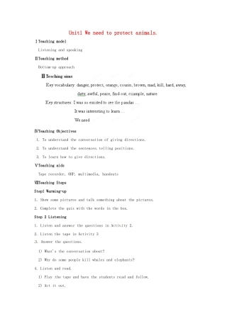 天津市武清区杨村第五中学八年级英语上册《Module 9 Animals in danger Unit 1 We need to protect animals.》教案 外研版