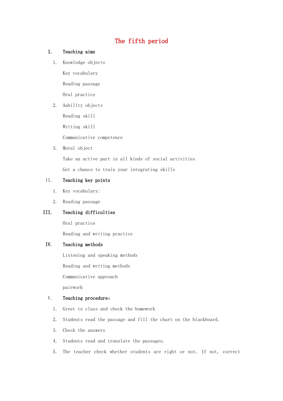 八年级英语上册 unit6The fifth period教案 人教新目标版_第1页